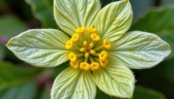 close up view of a rue flower with small yellow petals arranged in a symmetrical, cross like pattern. photo