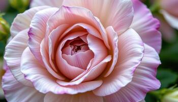 close up view of a lisianthus flower with rose like layered petals in soft cream and lavender tones. photo