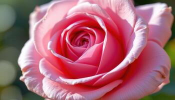 close up view of a delicate pink rose in full bloom with soft velvety petals unfolding in layers under gentle morning light. photo