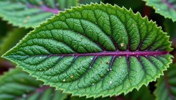close up view of a perilla leaf with serrated edges, deep green color, and visible purplish veins. photo