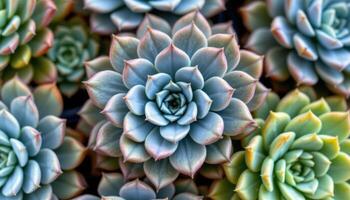 close up view of succulents with compact rosettes of plump leaves in varying shades of green and blue. photo