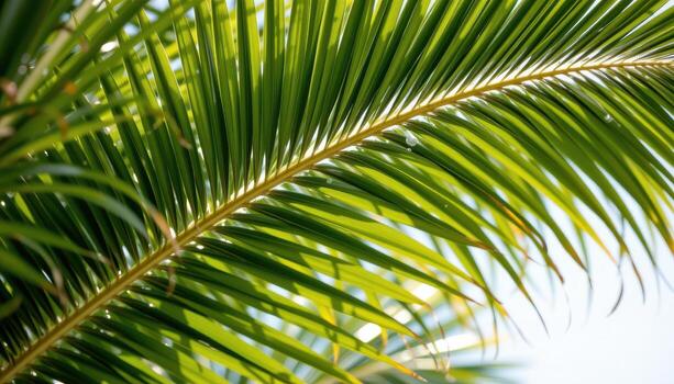 close up view of palm fronds stretching outward with rhythmic parallel lines and bright green tones. photo