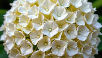 close up view of a cluster of white hydrangea flowers forming a soft, cloud like sphere of delicate petals. photo