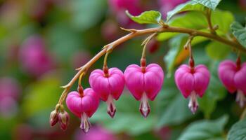 close up view of a bleeding heart flower arching downward with delicate, heart shaped blossoms in vibrant pink. photo