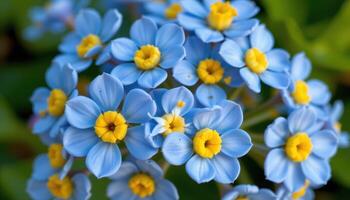 close up view of a cluster of forget me nots with tiny azure petals surrounding a golden center. photo