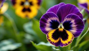 close up view of a pansy flower with velvety petals painted in deep purple, yellow, and black hues. photo