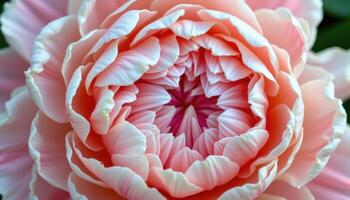 close up view of a peony bursting open in layers of soft pink and white petals forming a rich texture. photo