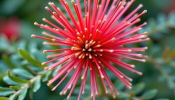 close up view of a bottlebrush flower with long red filaments spreading out in a cylindrical shape. photo