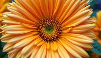 close up view of a calendula flower with vivid yellow orange petals arranged in radiant spirals. photo