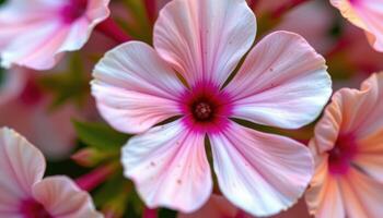 close up view of a phlox blossom with five wide petals and a candy like gradient of color. photo