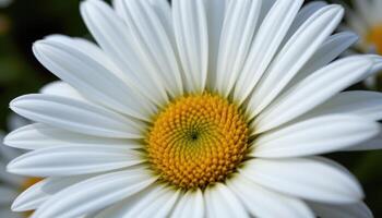 close up view of a daisy flower with classic white petals circling a cheerful yellow center. photo