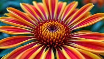 close up view of a gaillardia flower with red and yellow petals arranged like a fiery sunburst. photo