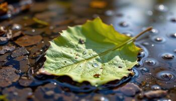 close up view of a cottonwood leaf resting on a puddle, partially submerged and glistening. photo