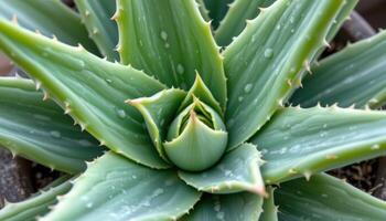 close up view of aloe vera leaves with thick, fleshy texture and serrated edges tipped in white. photo