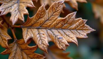 close up view of withered brown oak leaves displaying sharp edges and complex vein structures. photo
