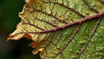close up view of a curled dried leaf with torn edges and visible vein skeleton. photo