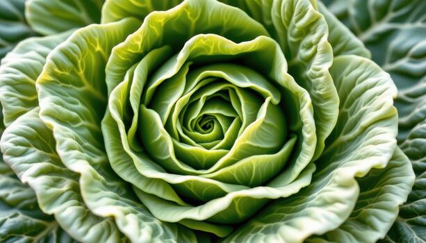 close up view of curled cabbage leaves layered tightly with pale green gradients. photo