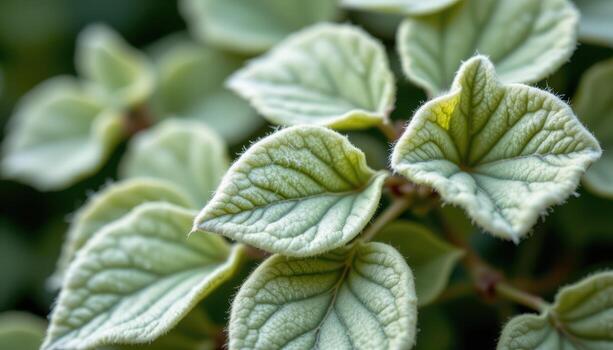 close up view of dusty sage leaves with soft fuzz and pale green tones under diffused light. photo