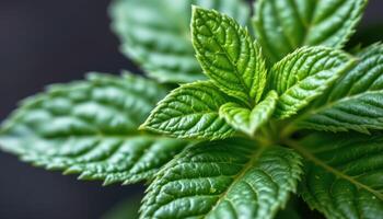 close up view of peppermint leaves with sharp toothy edges and oil rich veins. photo