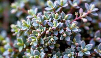 close up view of thyme leaves densely packed in clusters with tiny fine hairs. photo