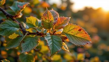 close up view of hawthorn leaves with lobed edges and sharp tips under golden hour glow. photo