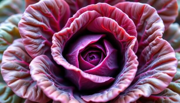 close up view of red cabbage leaves with tightly folded curves and brilliant color. photo