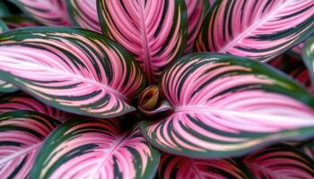 close up view of maranta prayer plant leaves displaying vibrant stripes and subtle folds. photo