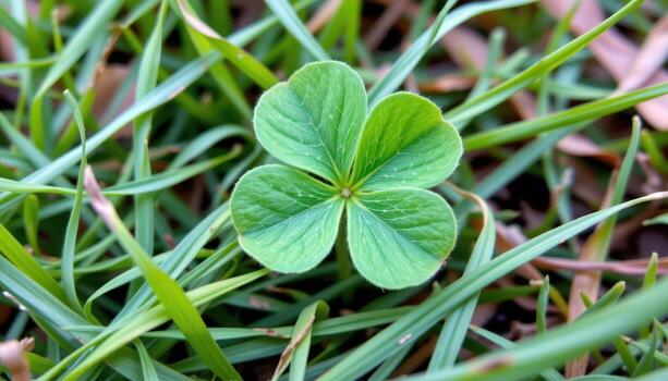 close up view of a single clover leaf resting on soft grass, with its three symmetrical parts outlined by tiny serrations. photo