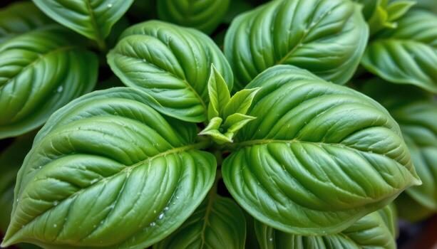 close up view of overlapping basil leaves with smooth curves, rich green colors, and subtle glimmers of moisture clinging to the surface. photo