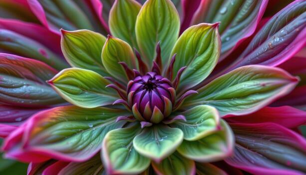 close up view of peony leaves forming dark green spikes around a central bloom base. photo