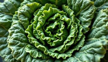 close up view of fresh kale leaves layered like crumpled paper with tight curls. photo