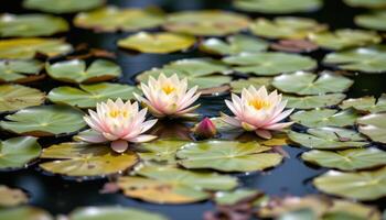 close up view of water lilies surrounded by flat leaves on a still pond surface. photo