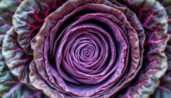 close up view of red cabbage leaves stacked tightly with purple layers, the inner spirals barely visible through the outer folds. photo