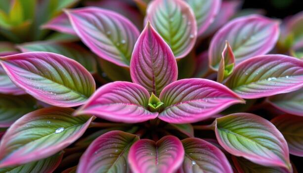 close up view of zz plant leaves growing in perfect alternating order with smooth waxy surfaces. photo