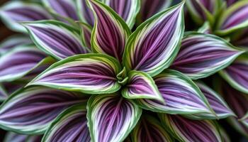 close up view of wandering jew plant leaves in stripes of green, silver, and purple. photo
