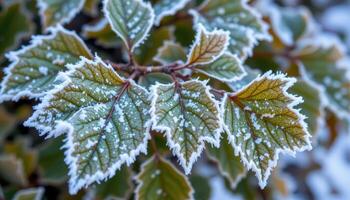 close up view of frosty beech leaves in early winter, their edges dusted with ice crystals. photo
