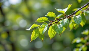close up view of young birch leaves fluttering against a blurry green background. photo