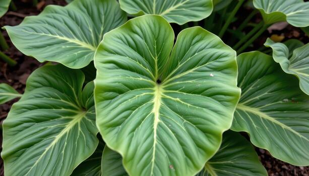 close up view of colocasia leaves towering above the soil, with broad, shield like shapes and fine water veins. photo