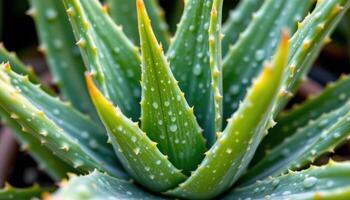 close up view of aloe vera leaves thick with gel, their pointed tips and toothed edges creating visual contrast. photo