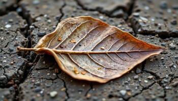 close up view of a curled dried leaf lying in cracked soil, revealing a delicate skeletal structure as the outer tissue fades away. photo