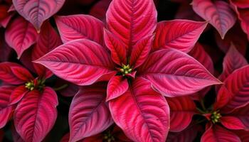 close up view of poinsettia plant leaves with vibrant red coloring and sharp edges. photo