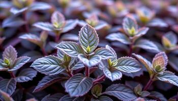close up view of peppermint leaves growing wildly, their crisp edges curling inward. photo