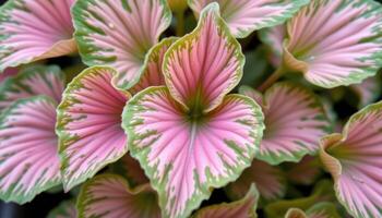 close up view of arrowhead plant leaves triangular and soft with pink and green variegation. photo