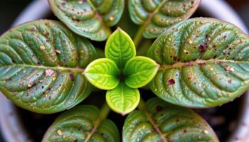 close up view of pilea leaves rounded and coin shaped, growing outward from a central point. photo