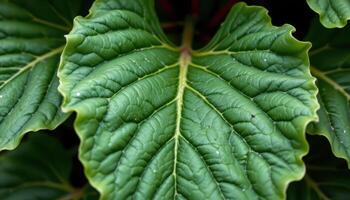 close up view of rhubarb leaves oversized and deep green, draping down under their own weight. photo