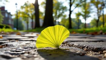 close up view of a single ginkgo leaf resting on a stone path, its fan like shape illuminated by filtered sunlight through tall trees. photo