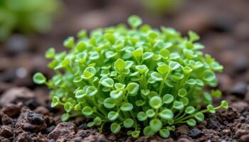 close up view of garden cress leaves sprouting in fine clumps, their oval tips reaching upward. photo