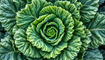 close up view of overlapping kale leaves forming a dense green texture with ridged surfaces. photo