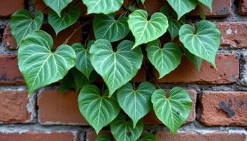 close up view of heart shaped ivy leaves creeping along a brick wall, with deep green tones and pale veins forming organic designs. photo