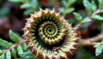 close up view of fern leaves slowly unfurling with tightly coiled tips and feather like patterns emerging in a symmetrical spiral. photo